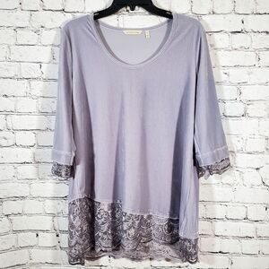Soft Surroundings Lavender Velvet 3/4 Sleeve Lace Trim Hem & Cuffs Tunic Size M